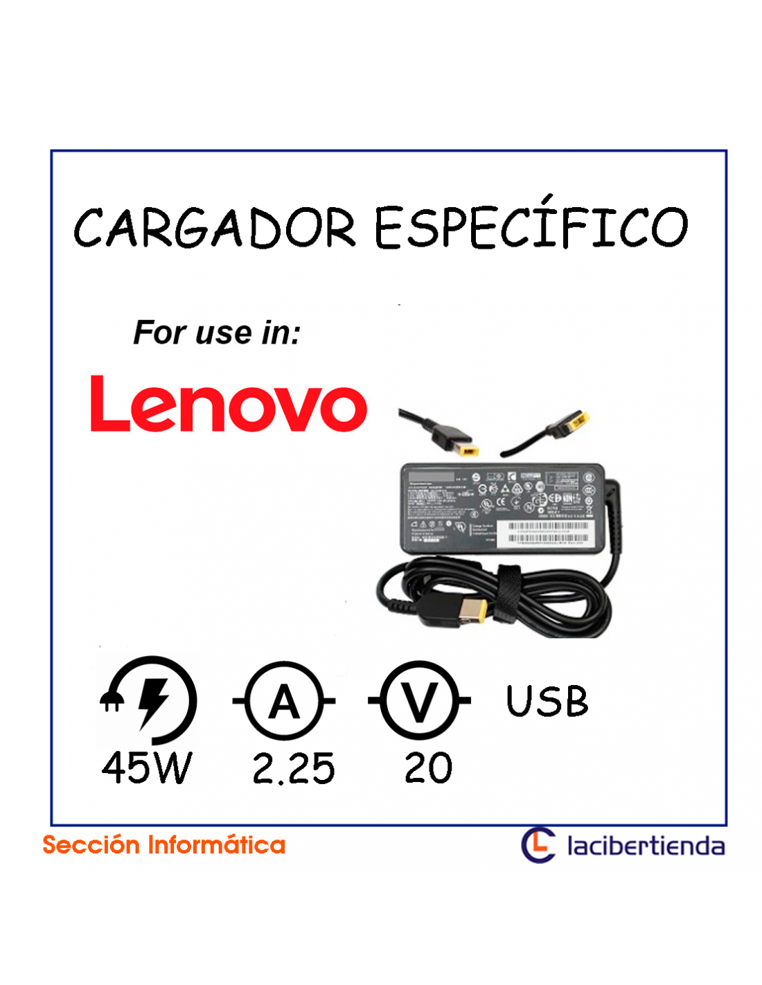 CARGADOR PORTATIL LENOVO 20V 2.25A 45W USB LE45USB